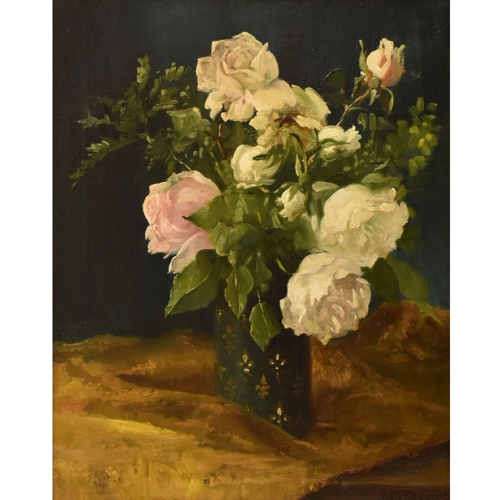 QF790 3 antique floral painting flower oil still life XIX 